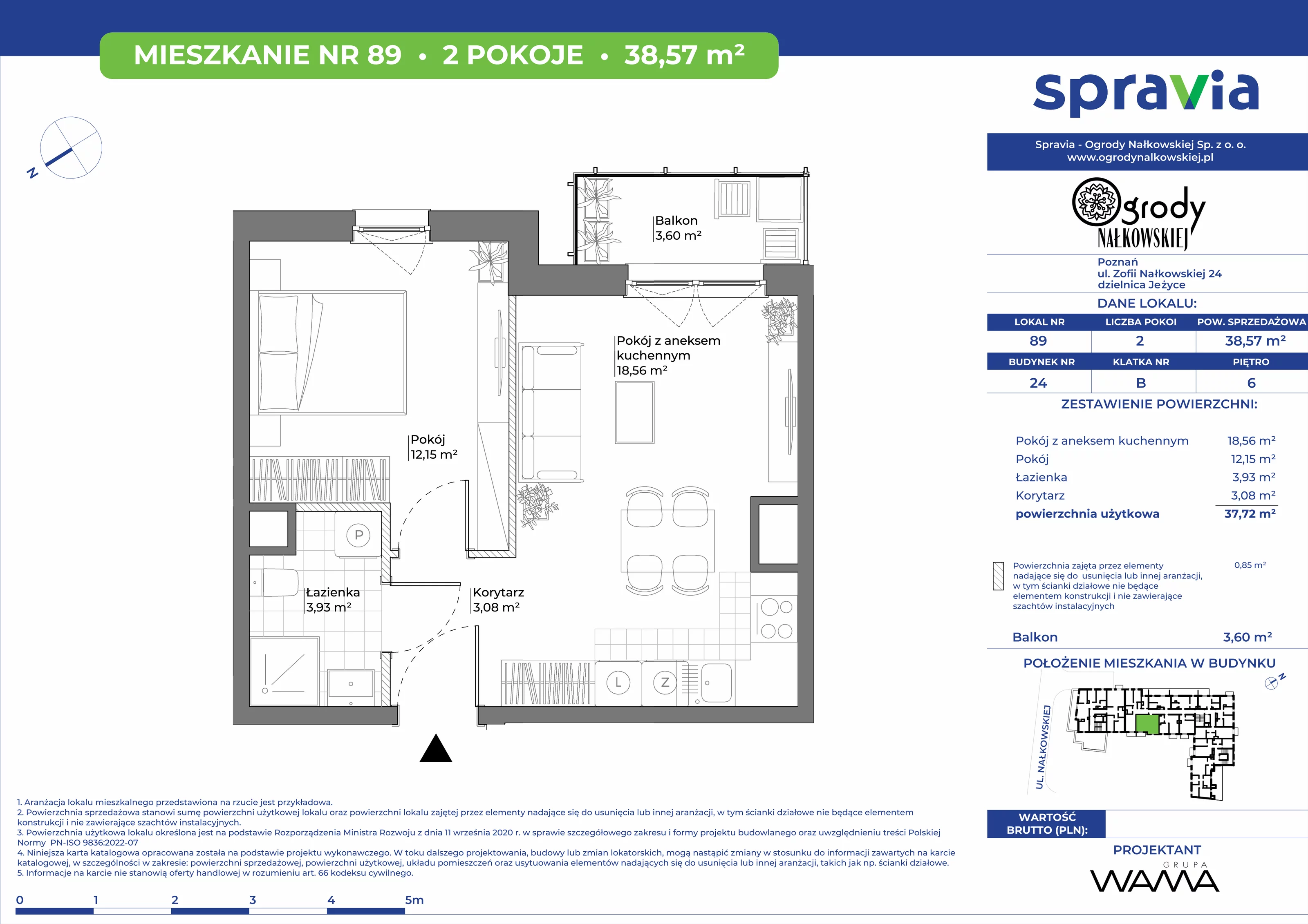 2 pokoje, mieszkanie 38,57 m², piętro 6, oferta nr 24-89, Ogrody Nałkowskiej, Poznań, Ogrody, ul. Nałkowskiej 24, 26